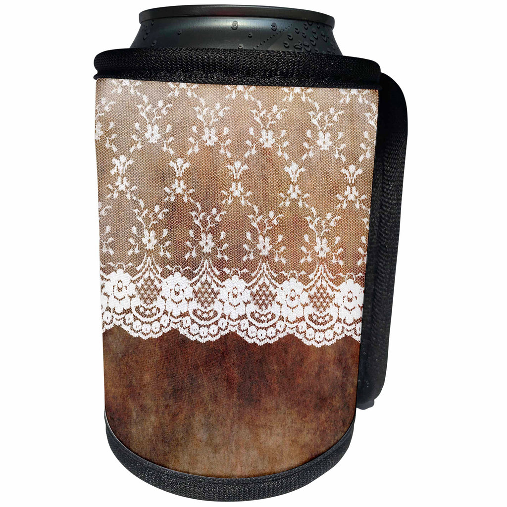 3dRose Uta Naumann Vintage Lace Collection - White Floral Lace on Brown Old Grunge Vintage Paper - Can Cooler Bottle Wrap (cc_269075)