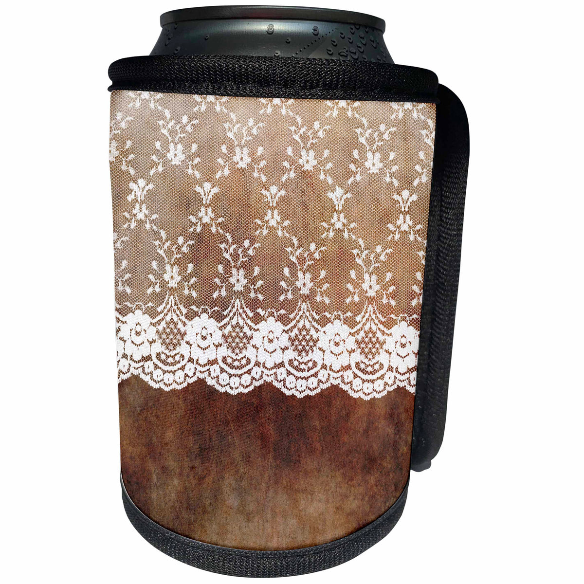 3dRose Uta Naumann Vintage Lace Collection - White Floral Lace on Brown Old Grunge Vintage Paper - Can Cooler Bottle Wrap (cc_269075)