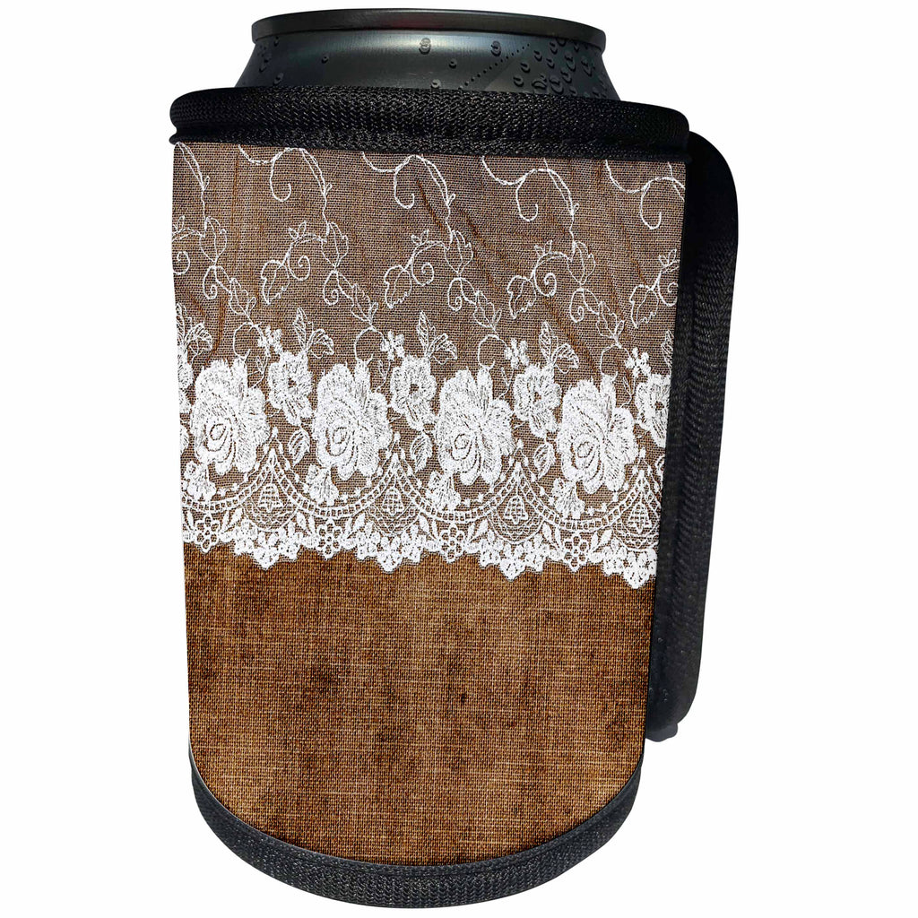3dRose Uta Naumann Vintage Lace Collection - White Floral Lace on Brown Grunge Vintage Burlap - Can Cooler Bottle Wrap (cc_269076)