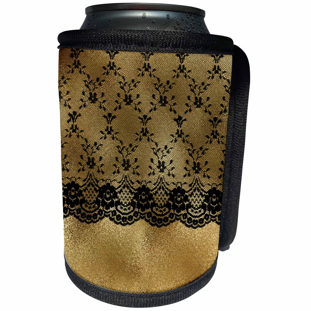 3dRose Uta Naumann Vintage Lace Collection - Black Elegant Floral Lace on Luxury Chic Gold Metal Background - Can Cooler Bottle Wrap (cc_269077)