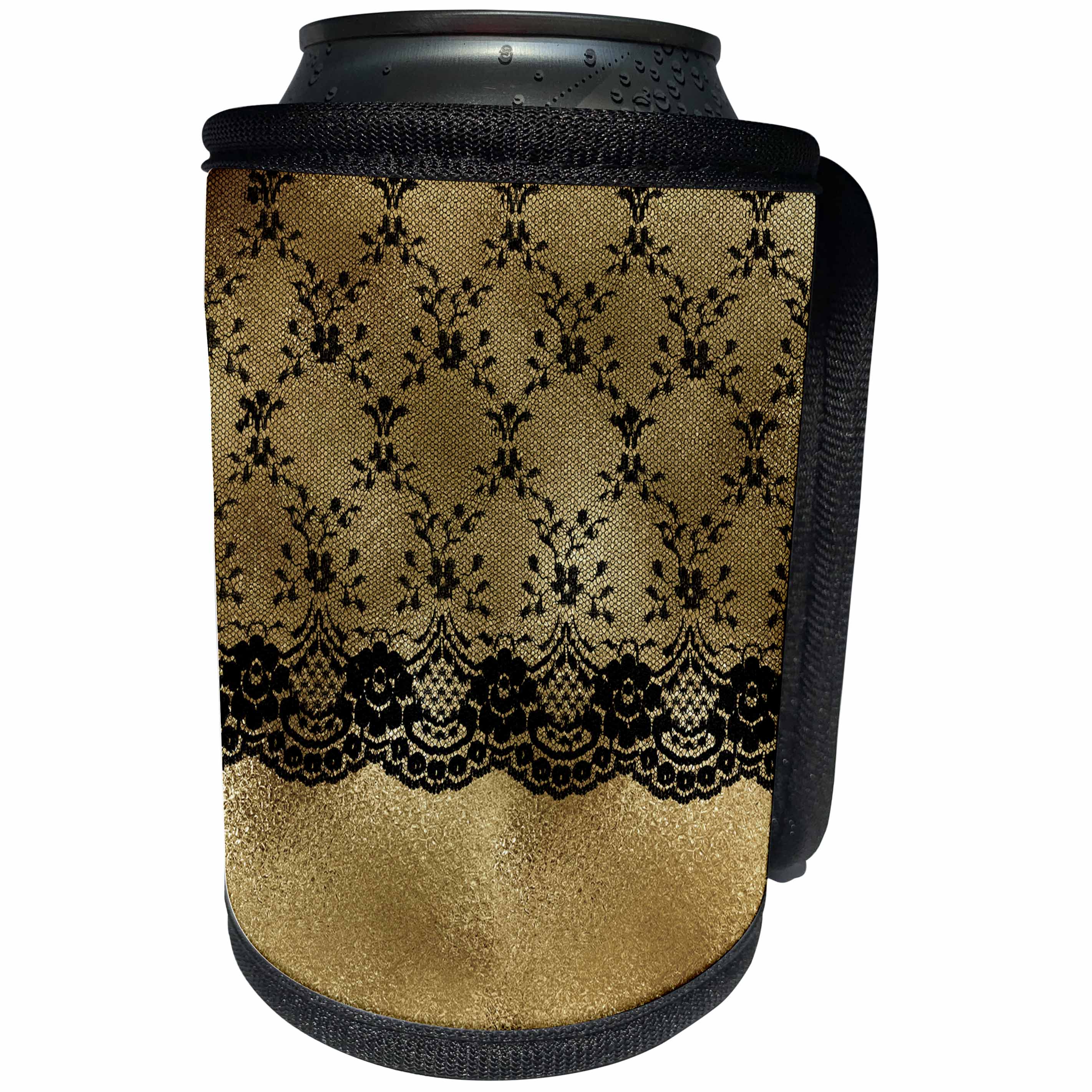 3dRose Uta Naumann Vintage Lace Collection - Black Elegant Floral Lace on Luxury Chic Gold Metal Background - Can Cooler Bottle Wrap (cc_269077)