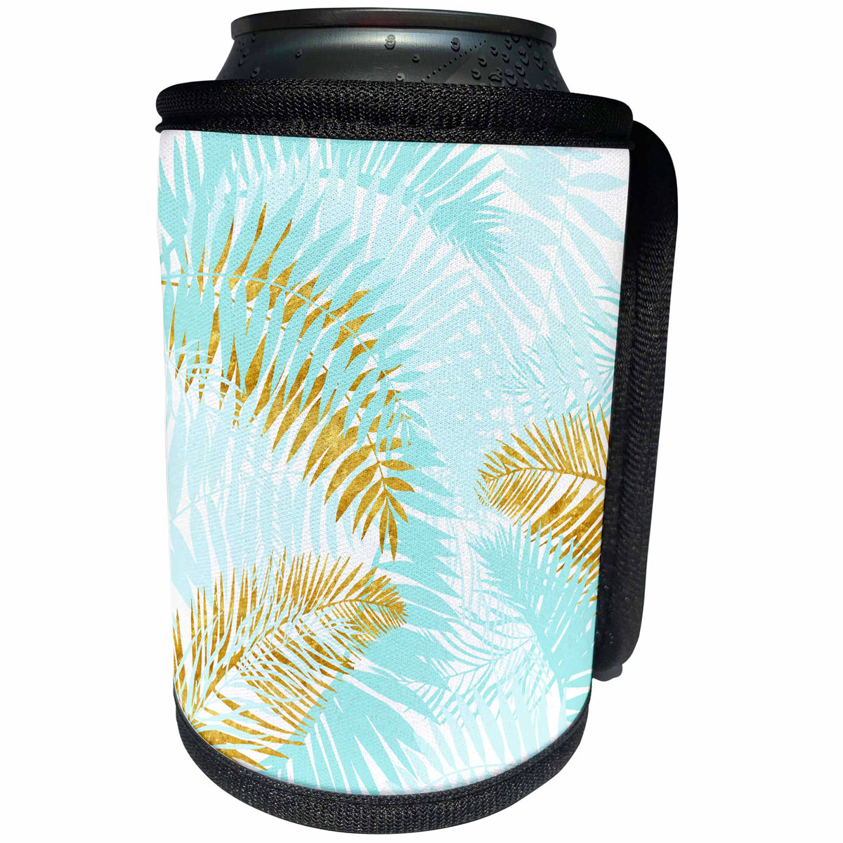 3dRose Uta Naumann Pattern - Aloha-Teal and Gold Trendy Foliage Palm Leaves Jungle Tropical Pattern - Can Cooler Bottle Wrap (cc_269081)