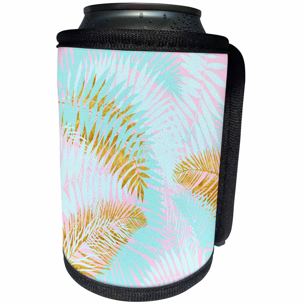 3dRose Uta Naumann Pattern - Aloha-Teal Pink and Gold Foliage Palm Leaves Jungle Tropical Pattern - Can Cooler Bottle Wrap (cc_269082)