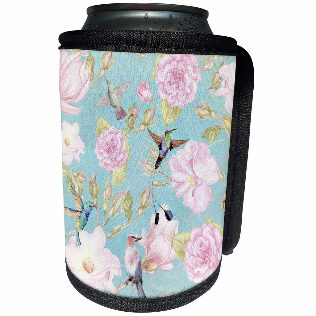 3dRose Uta Naumann Pattern - Victorian Vintage Teal Flower Hummingbird Pattern - Can Cooler Bottle Wrap (cc_269083)