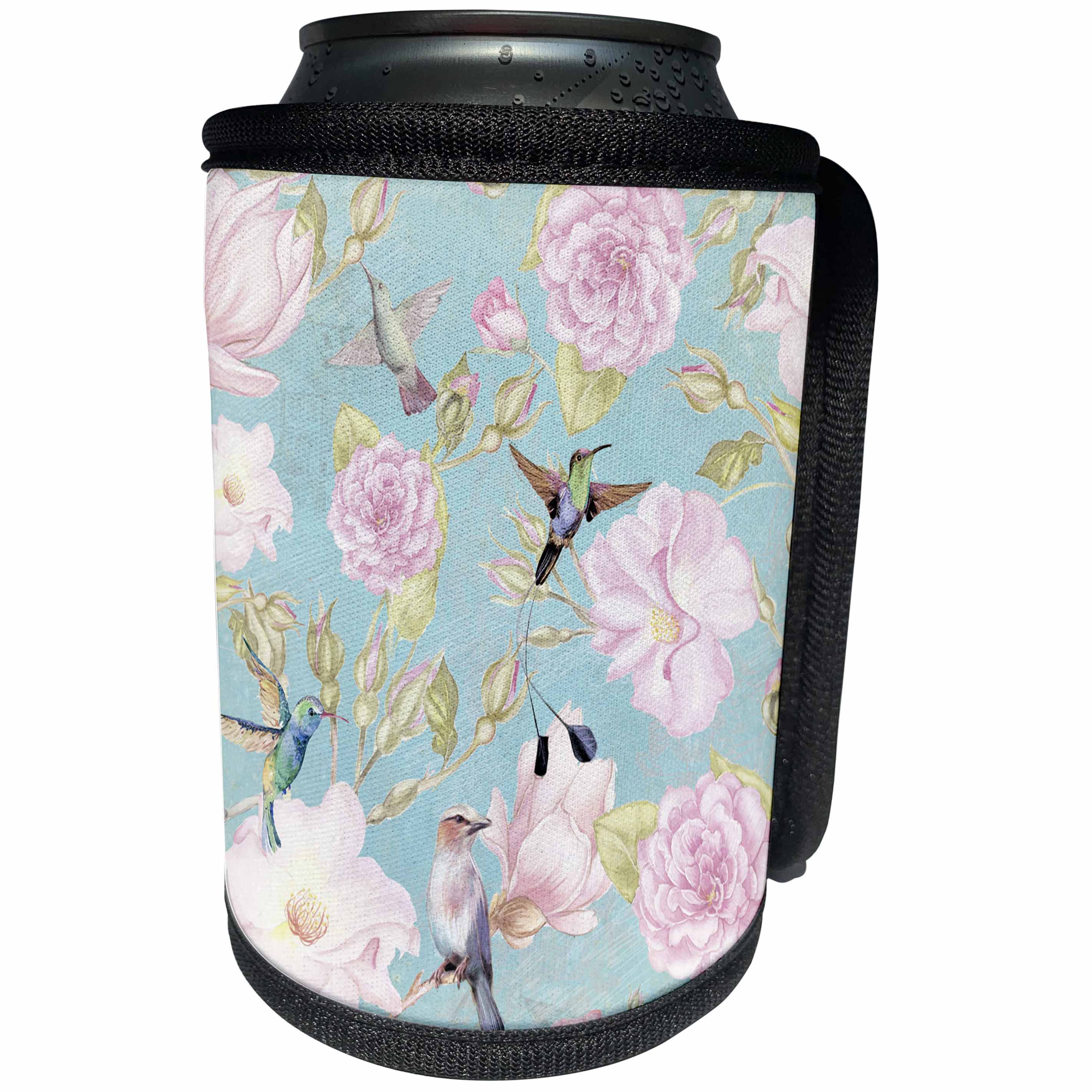 3dRose Uta Naumann Pattern - Victorian Vintage Teal Flower Hummingbird Pattern - Can Cooler Bottle Wrap (cc_269083)
