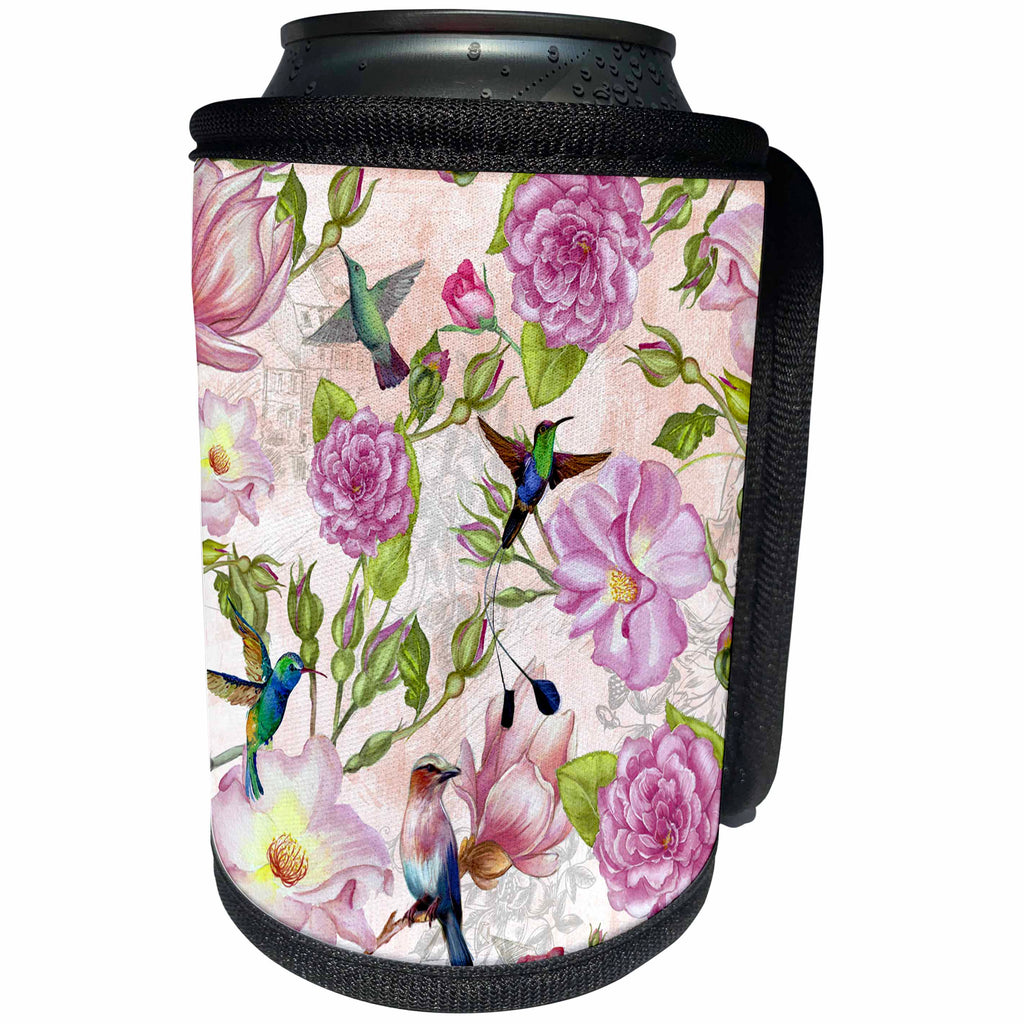 3dRose Uta Naumann Pattern - Victorian Vintage Pink Flower Hummingbird Pattern - Can Cooler Bottle Wrap (cc_269084)