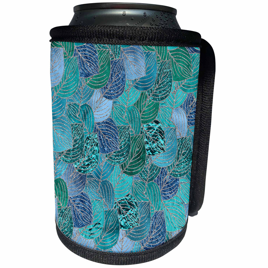 3dRose Uta Naumann Faux Glitter Pattern - Luxury Aqua Teal Faux Metal Foil Glitter Autumnal Foliage Leaf Pattern - Can Cooler Bottle Wrap (cc_269087)