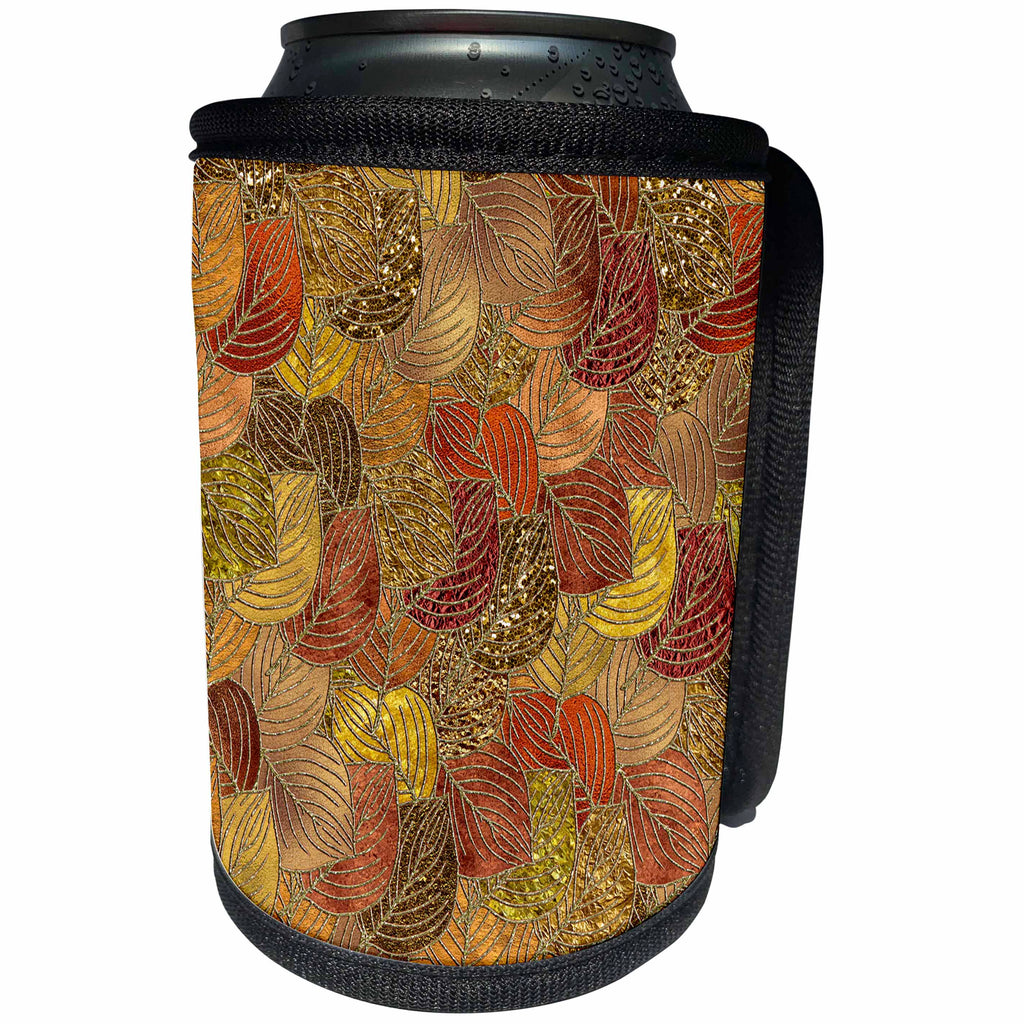 3dRose Uta Naumann Faux Glitter Pattern - Luxury Gold Faux Metal Foil Glitter Autumnal Foliage Leaf Pattern - Can Cooler Bottle Wrap (cc_269088)