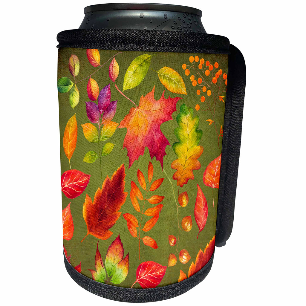 3dRose Uta Naumann Pattern - Colorful Autumn Foliage Pattern-Red Autumn Leaves on Grunge Green - Can Cooler Bottle Wrap (cc_269095)
