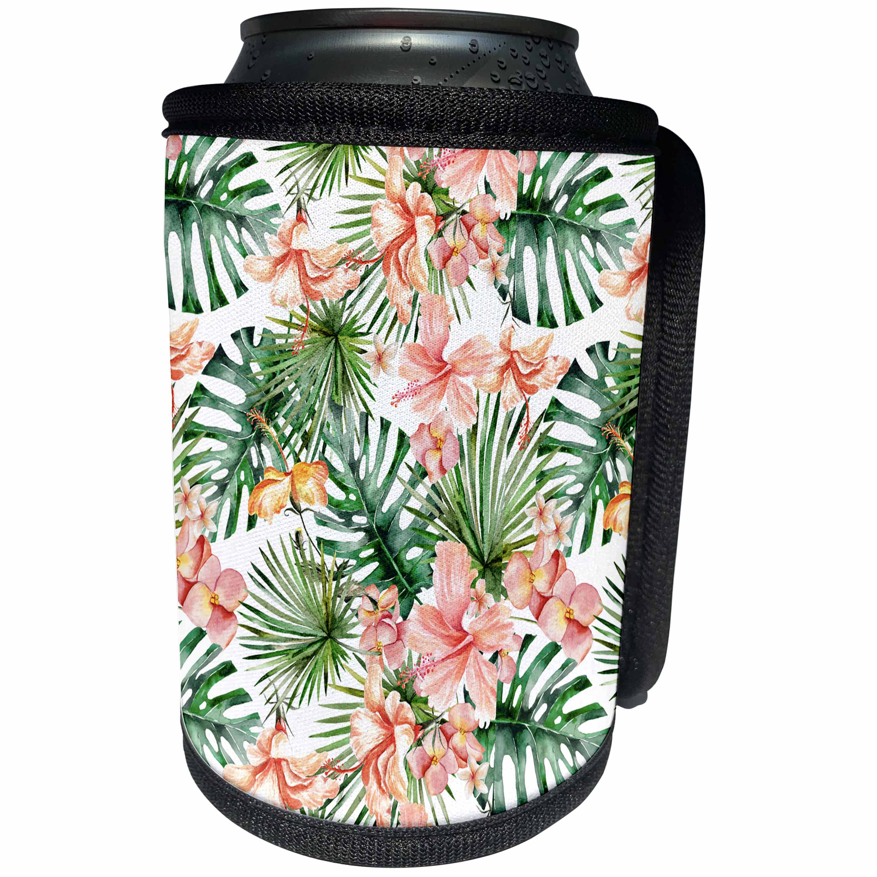 3dRose Uta Naumann Pattern - Aloha Hibiscus Flower Leaves Monstera Jungle Tropical Hawaii Pattern - Can Cooler Bottle Wrap (cc_269101)