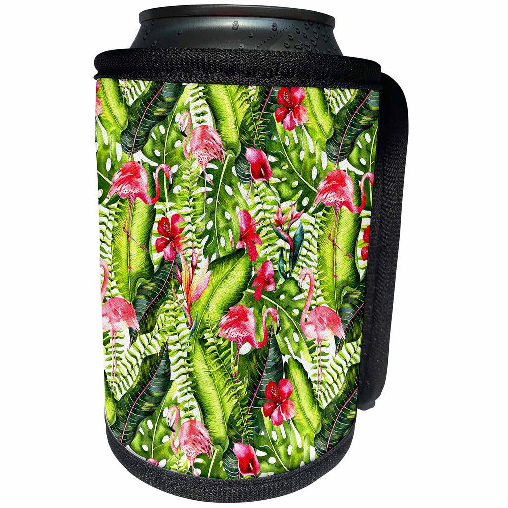 3dRose Uta Naumann Pattern - Aloha Leaves and Hibiscus Jungle Flamingo Bird Tropical Hawaii Pattern - Can Cooler Bottle Wrap (cc_269103)