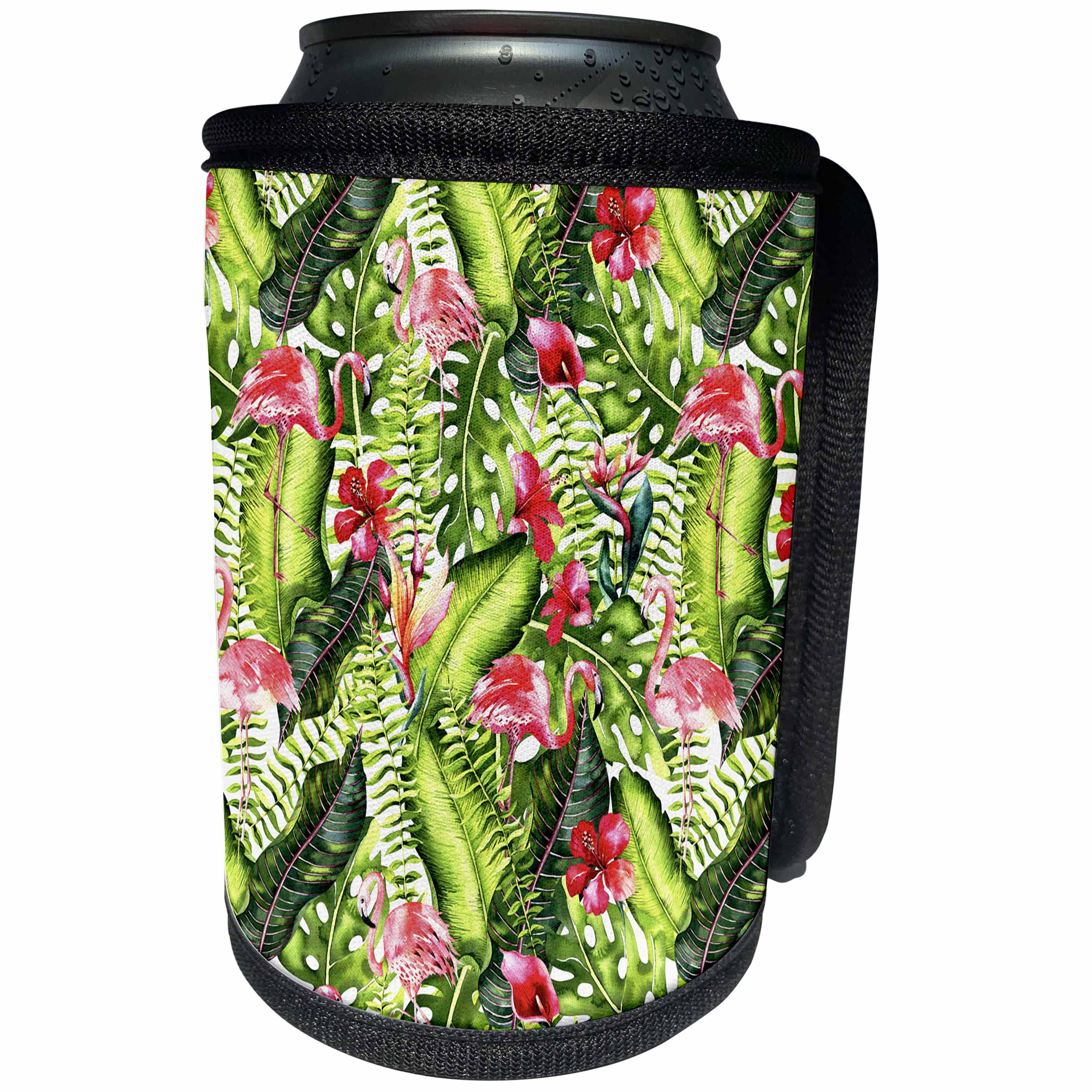 3dRose Uta Naumann Pattern - Aloha Leaves and Hibiscus Jungle Flamingo Bird Tropical Hawaii Pattern - Can Cooler Bottle Wrap (cc_269103)