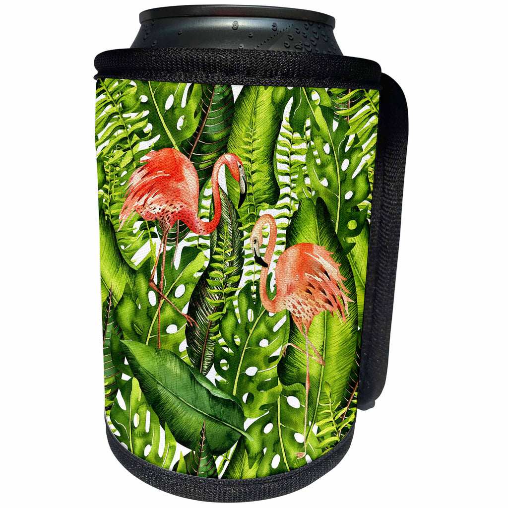 3dRose Uta Naumann Watercolor Illustration - Aloha Green Leaves Jungle Flamingo Bird Tropical Hawaii Illustration - Can Cooler Bottle Wrap (cc_269106)
