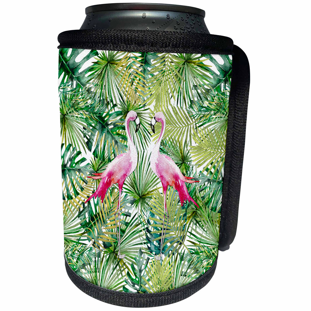 3dRose Uta Naumann Watercolor Illustration - Aloha Green Palm Leaves Jungle Flamingo Bird Tropical Illustration - Can Cooler Bottle Wrap (cc_269107)