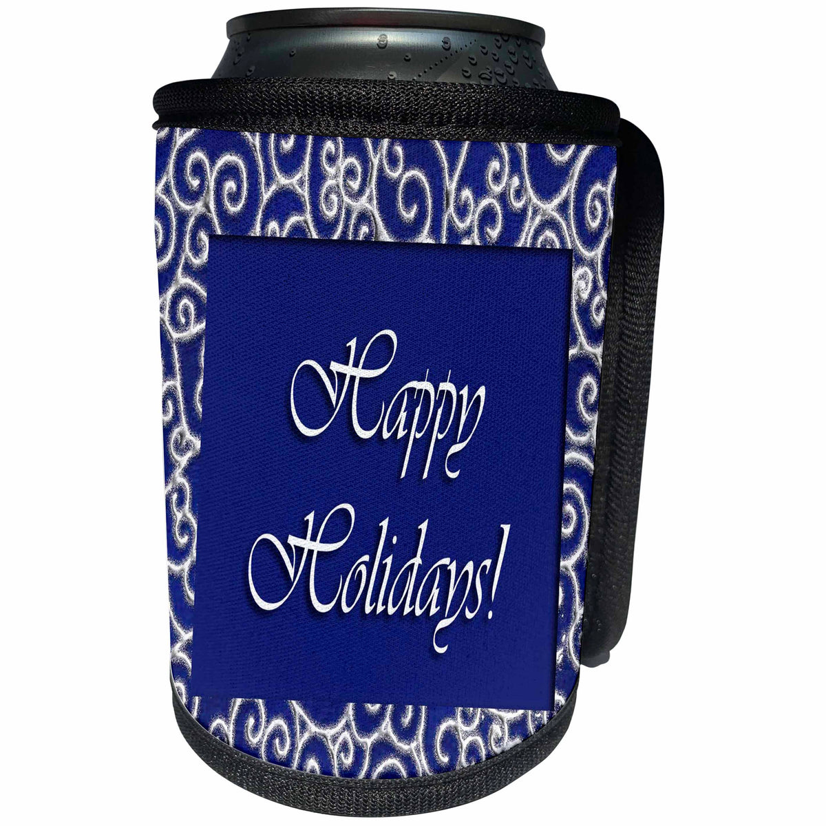 3dRose Beverly Turner Christmas Design - Snowflake Design on Blue Happy Holidays - Can Cooler Bottle Wrap (cc_26911)