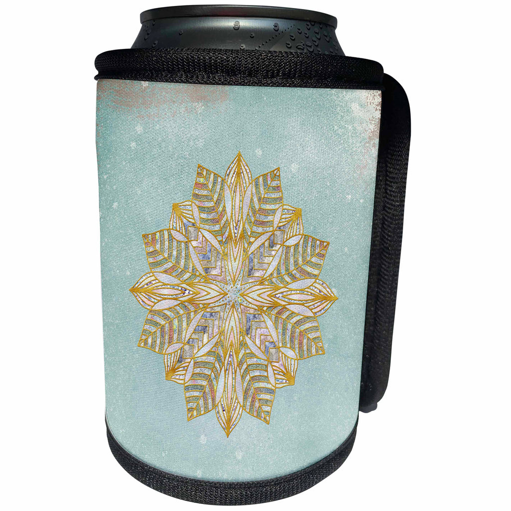 3dRose Uta Naumann Watercolor Illustration - Wintry Artistic Blue and Gold Snowflake Mandala - Can Cooler Bottle Wrap (cc_269112)