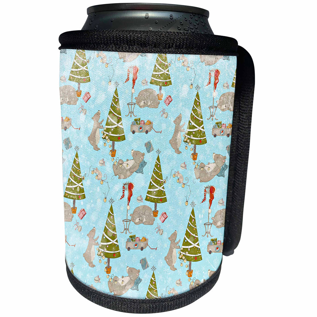 3dRose Uta Naumann Pattern - Merry Christmas-Cute Teal White Winter Pattern with Cute Bear - Can Cooler Bottle Wrap (cc_269125)