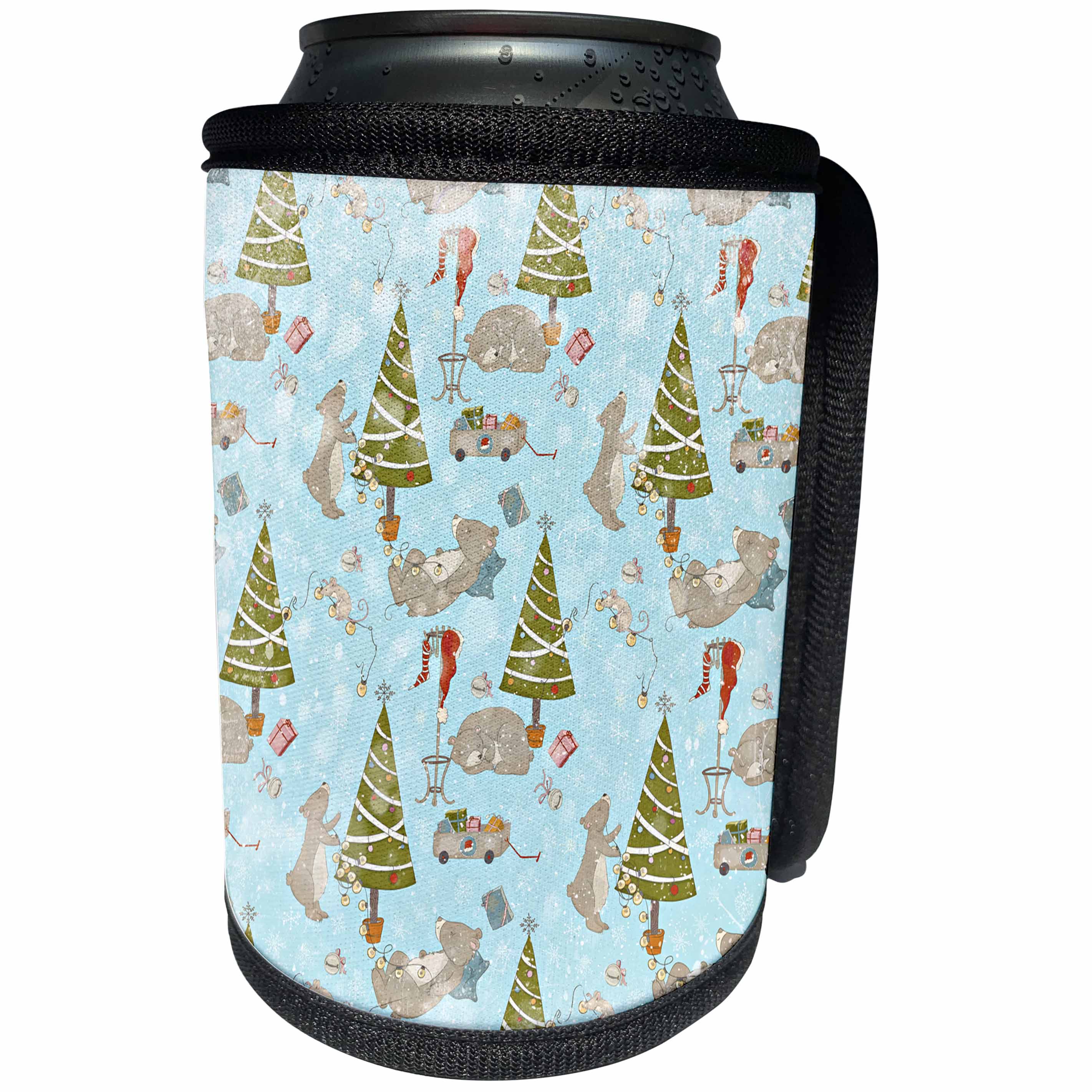 3dRose Uta Naumann Pattern - Merry Christmas-Cute Teal White Winter Pattern with Cute Bear - Can Cooler Bottle Wrap (cc_269125)