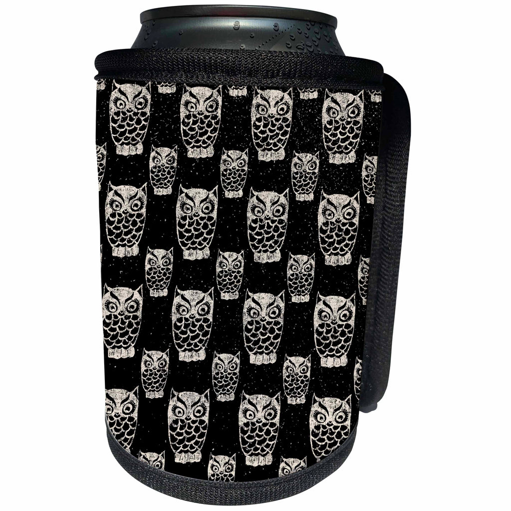 3dRose Uta Naumann Pattern - Black and White-Cool Winter Animal Wise Owl and Snow Pattern - Can Cooler Bottle Wrap (cc_269156)