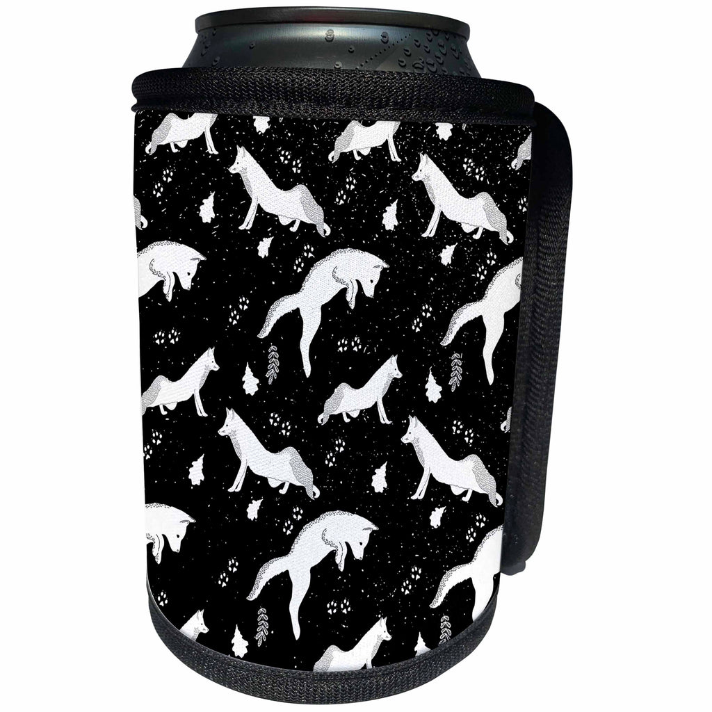 3dRose Uta Naumann Pattern - Black and White-Cool Winter Animal Funny Jumping Fox and Snow Pattern - Can Cooler Bottle Wrap (cc_269158)