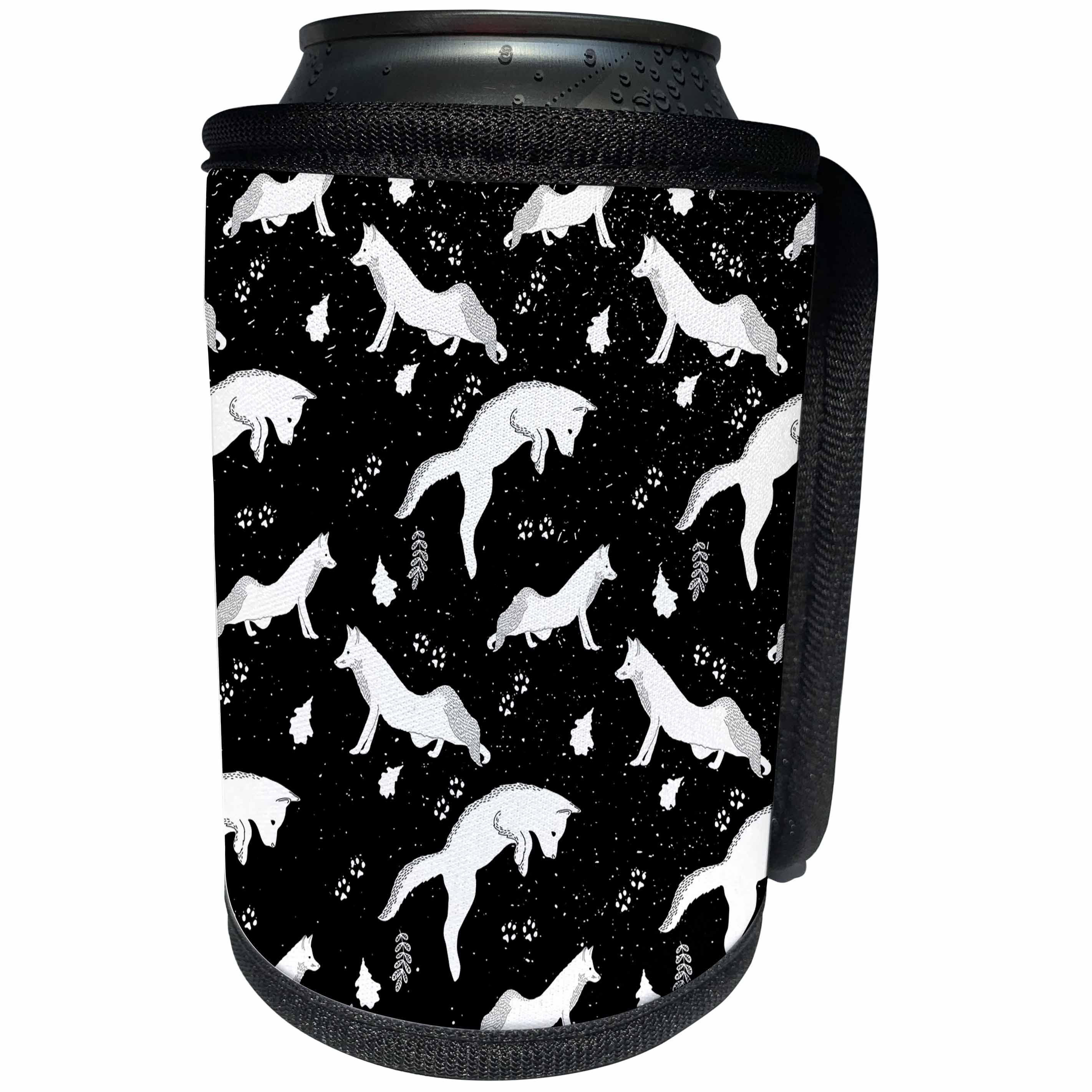 3dRose Uta Naumann Pattern - Black and White-Cool Winter Animal Funny Jumping Fox and Snow Pattern - Can Cooler Bottle Wrap (cc_269158)