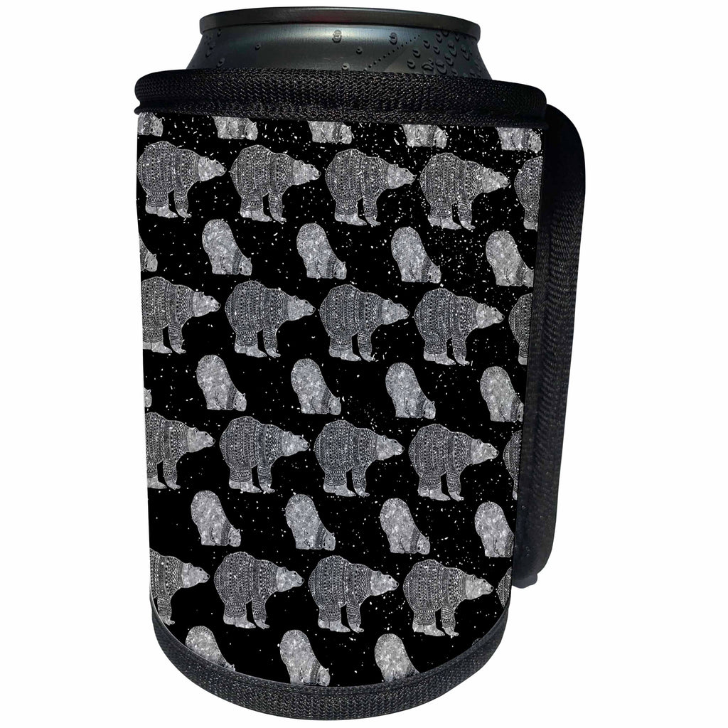 3dRose Uta Naumann Pattern - Black and White-Cool Winter Animal Polar Bear and Xmas Snow Pattern - Can Cooler Bottle Wrap (cc_269161)