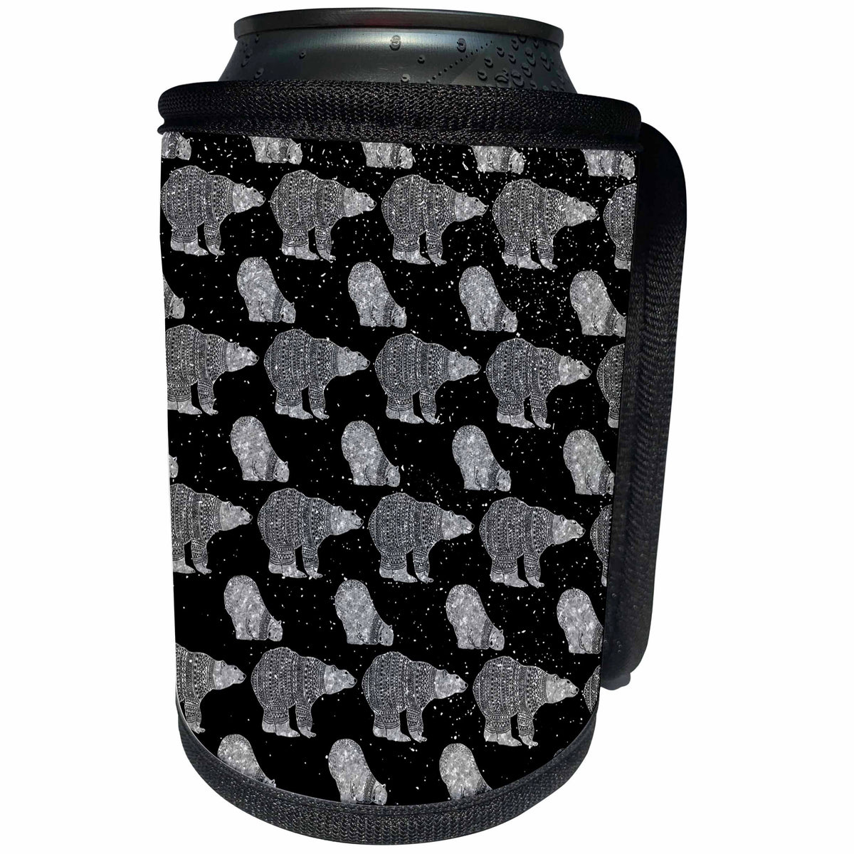 3dRose Uta Naumann Pattern - Black and White-Cool Winter Animal Polar Bear and Xmas Snow Pattern - Can Cooler Bottle Wrap (cc_269161)