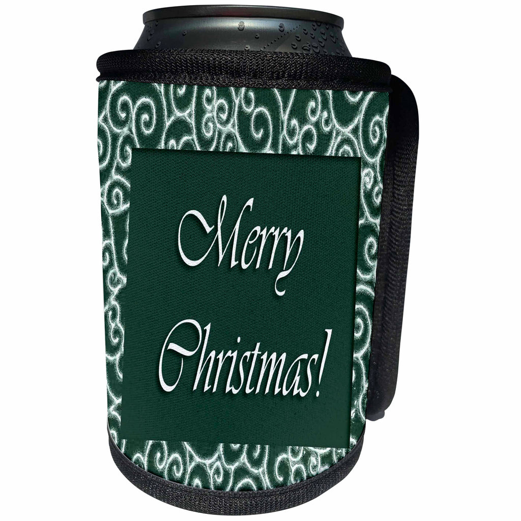 3dRose Beverly Turner Christmas Design - Snowflake Design on Green Merry Christmas - Can Cooler Bottle Wrap (cc_26917)