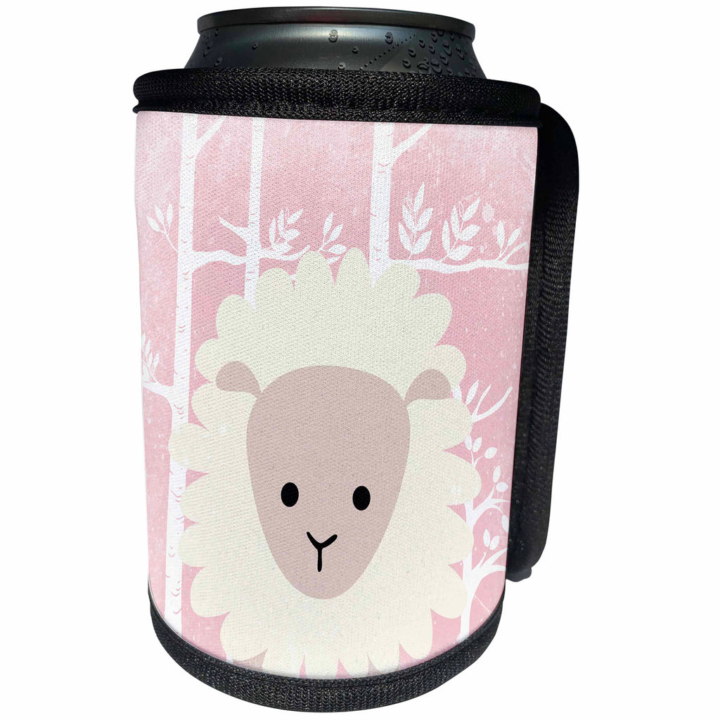 3dRose Uta Naumann Watercolor Illustration Animal - Animal Friends-Sheep in Front of White Forest in Pink-Cute for Kids - Can Cooler Bottle Wrap (cc_269183)
