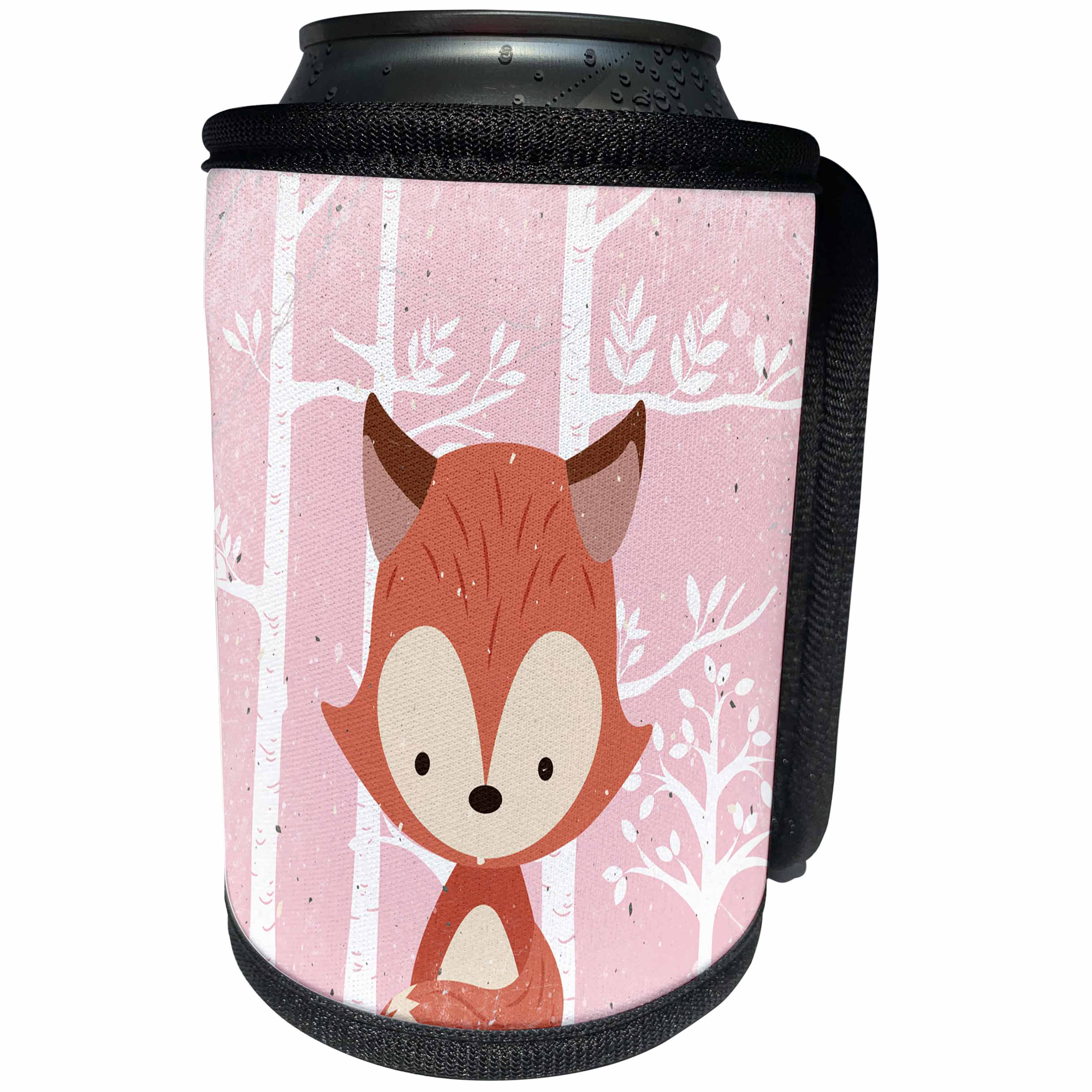 3dRose Uta Naumann Watercolor Illustration Animal - Animal Friends-Fox in Front of White Forest in Pink-Cute for Kids - Can Cooler Bottle Wrap (cc_269184)