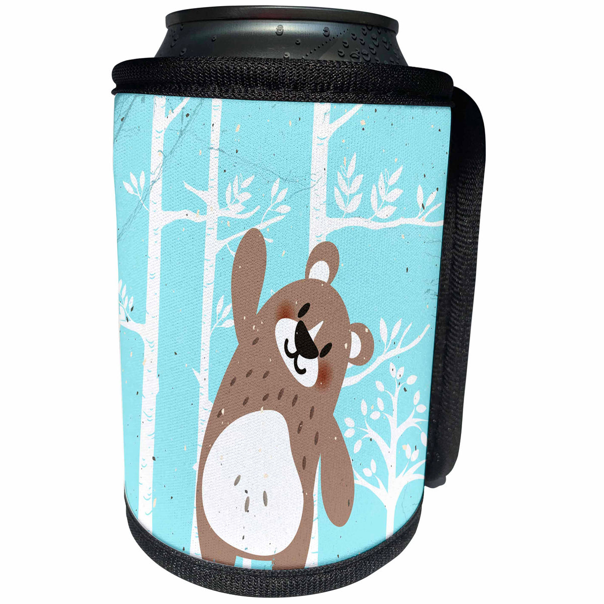 3dRose Uta Naumann Watercolor Illustration Animal - Animal Friends-Bear in Front of White Forest in Blue-Cute for Kids - Can Cooler Bottle Wrap (cc_269186)