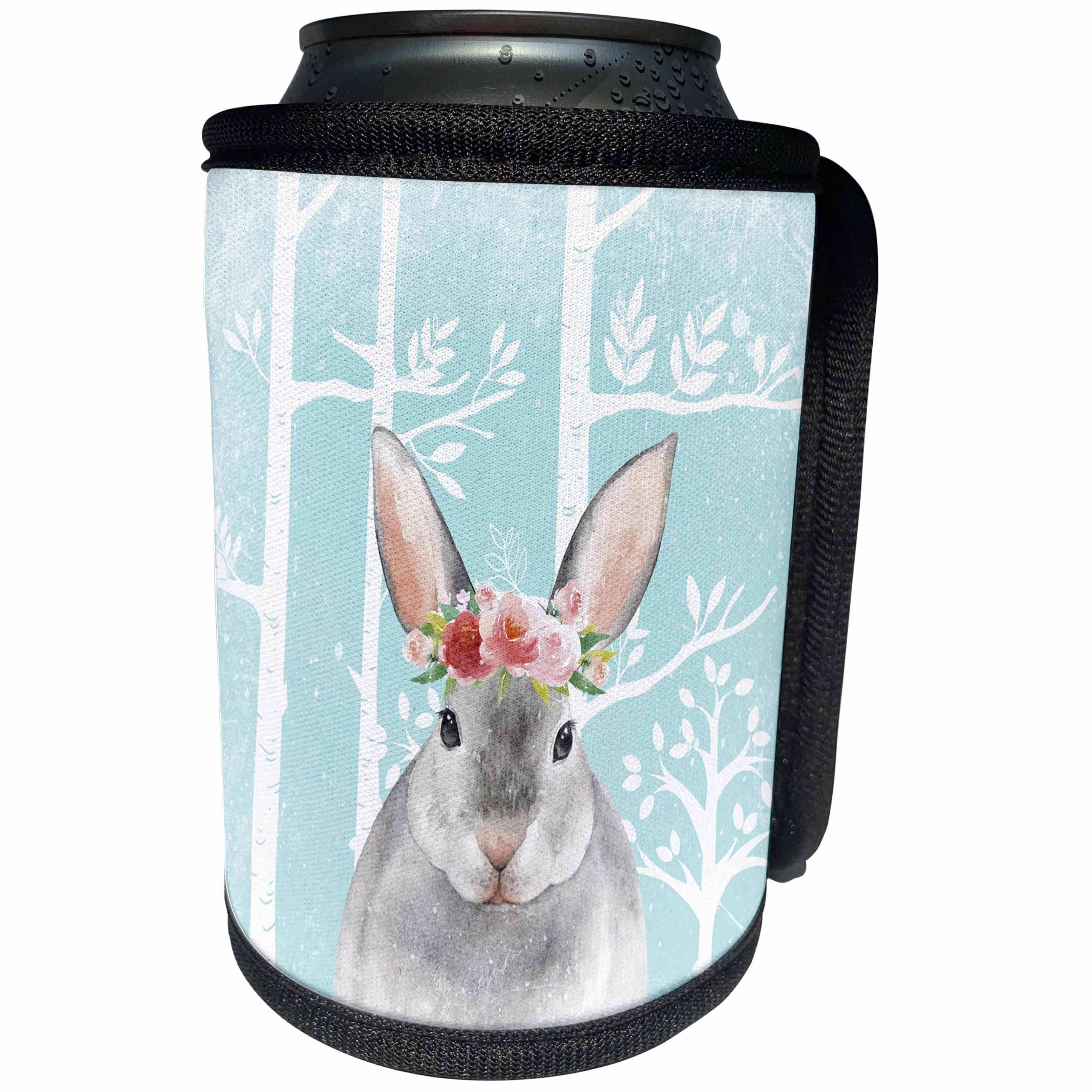3dRose Uta Naumann Watercolor Illustration Animal - Lovely Animal Bunny with Flowers Illustration in Blue Forest - Can Cooler Bottle Wrap (cc_269189)