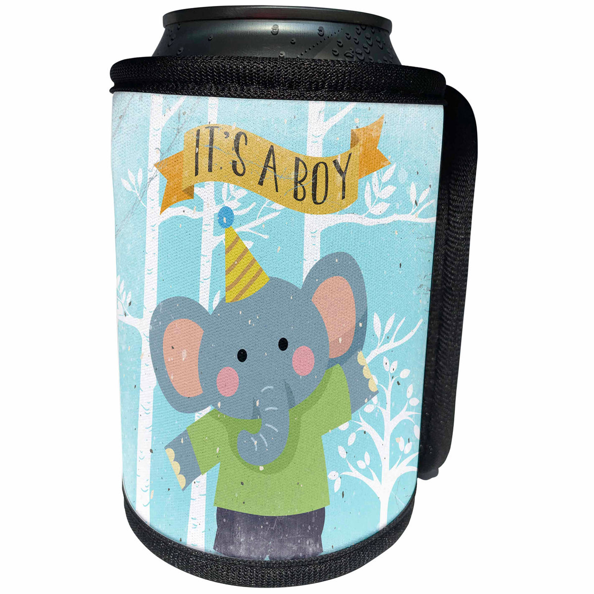 3dRose Uta Naumann Sayings and Typography - Baby Shower-Baby Boy-Blue Elephant Animal Illustration for Kids - Can Cooler Bottle Wrap (cc_269191)