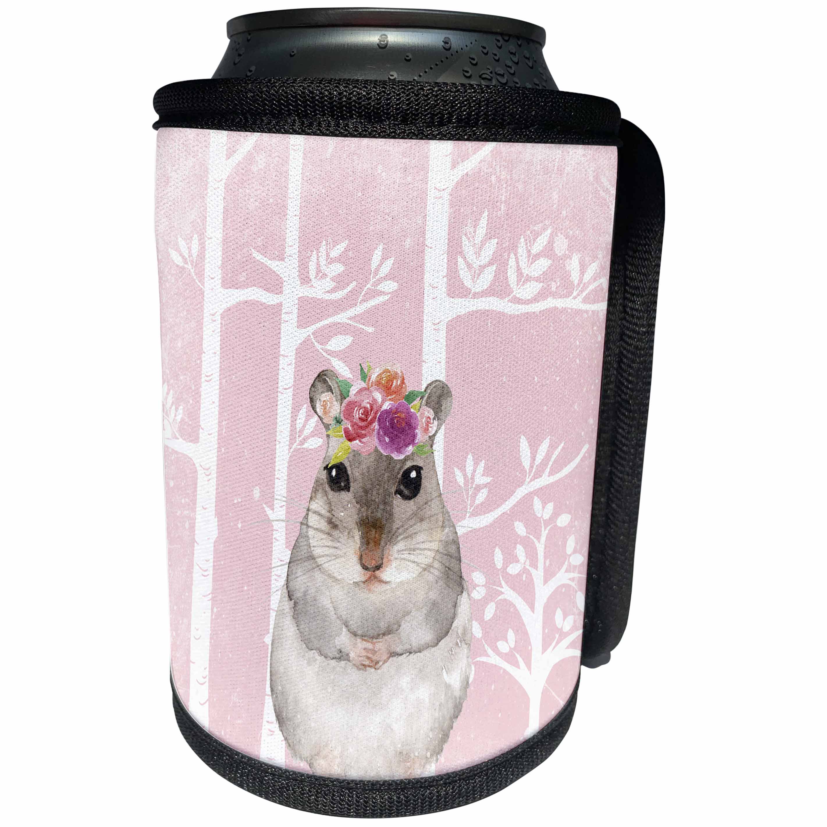 3dRose Uta Naumann Watercolor Illustration Animal - Lovely Animal Hamster with Flowers Illustration in Pink Forest - Can Cooler Bottle Wrap (cc_269198)