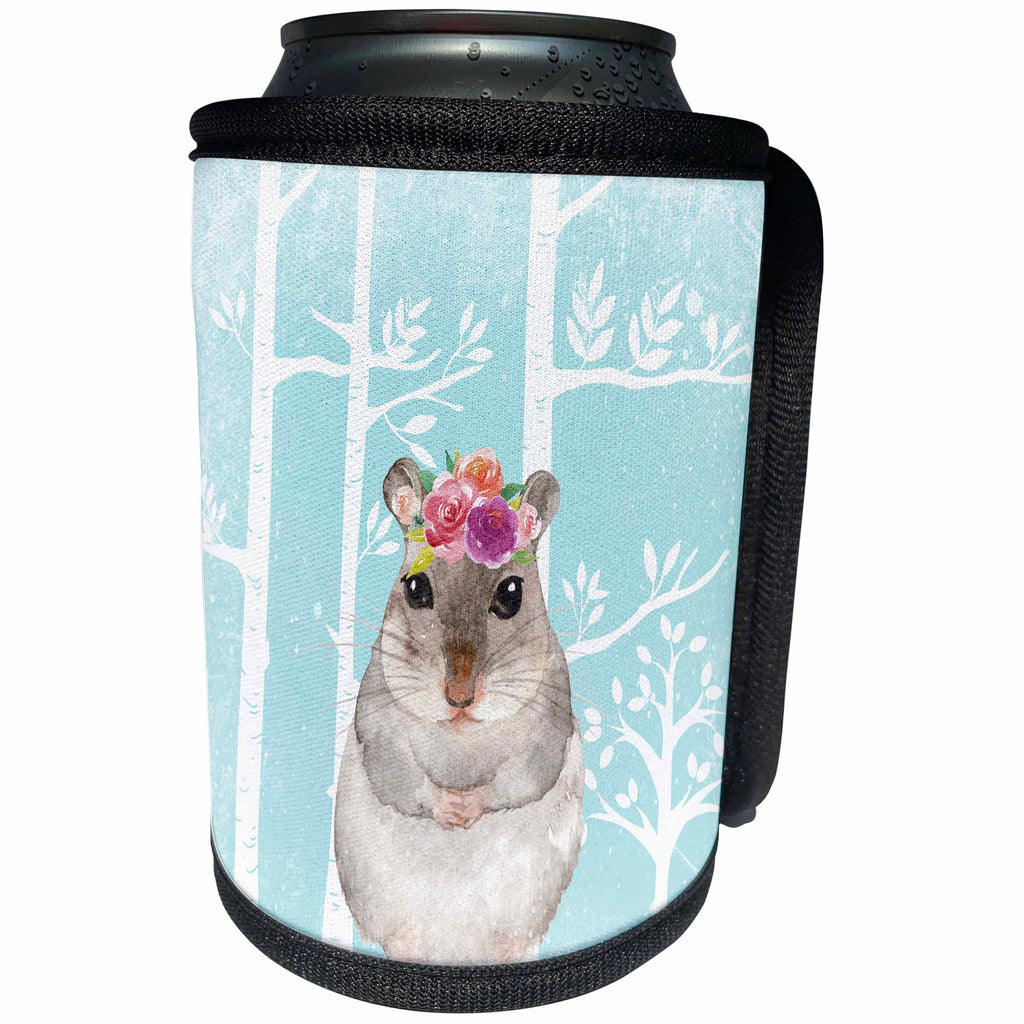 3dRose Uta Naumann Watercolor Illustration Animal - Lovely Animal Hamster with Flowers Illustration in Blue Forest - Can Cooler Bottle Wrap (cc_269199)