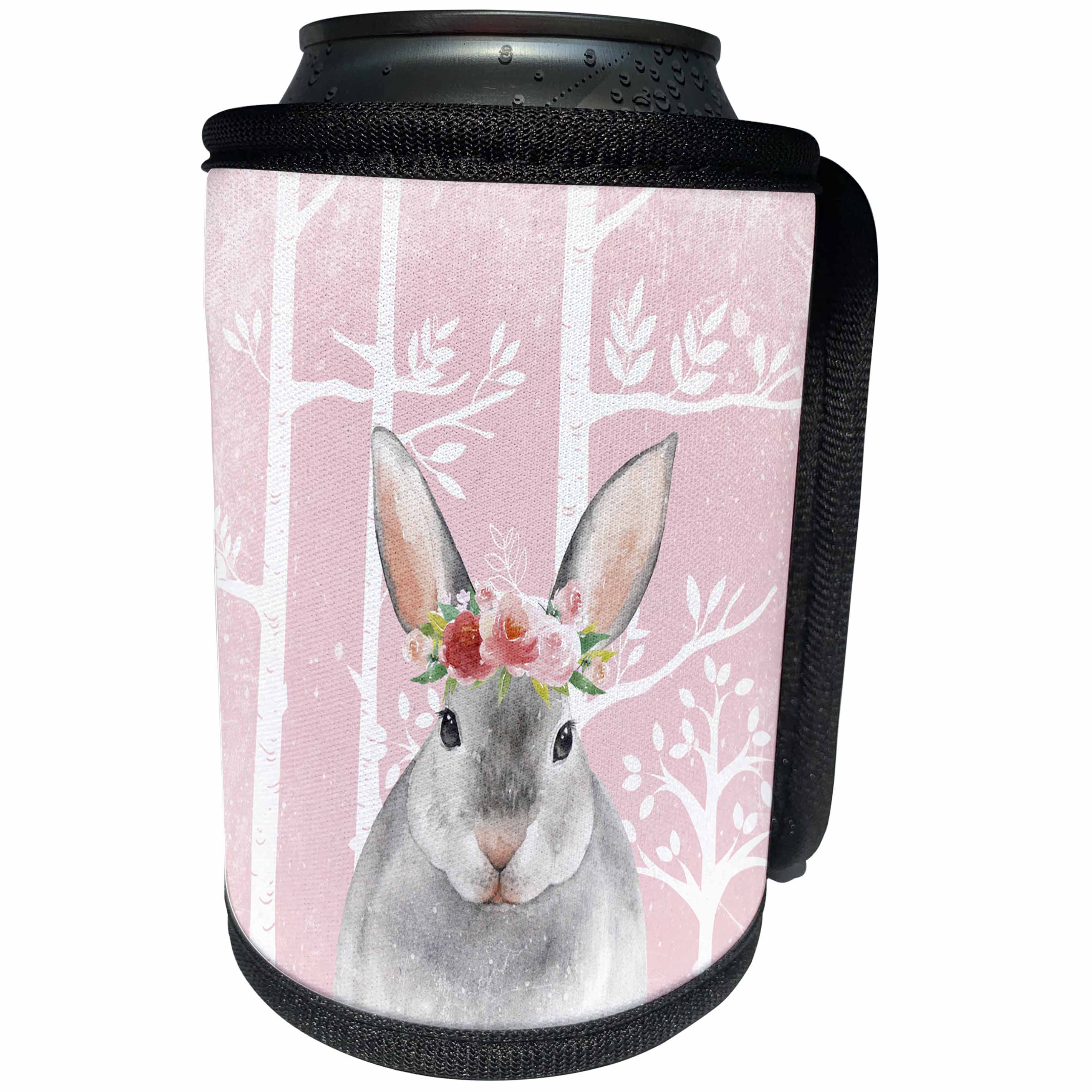 3dRose Uta Naumann Watercolor Illustration Animal - Lovely Animal Bunny with Flowers Illustration in Pink Forest - Can Cooler Bottle Wrap (cc_269200)