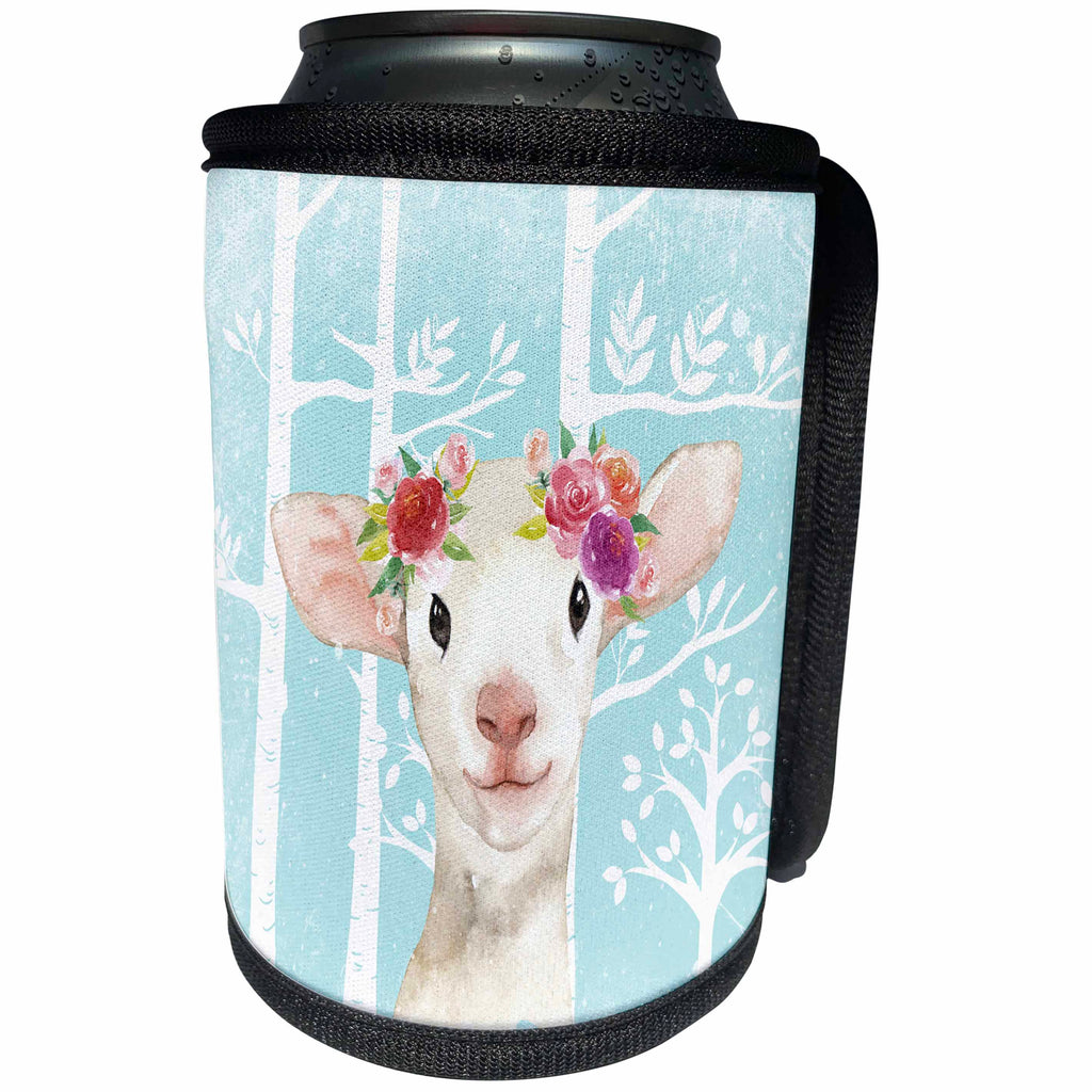 3dRose Uta Naumann Watercolor Illustration Animal - Lovely Animal Sheep with Flowers Illustration in Blue Forest - Can Cooler Bottle Wrap (cc_269201)