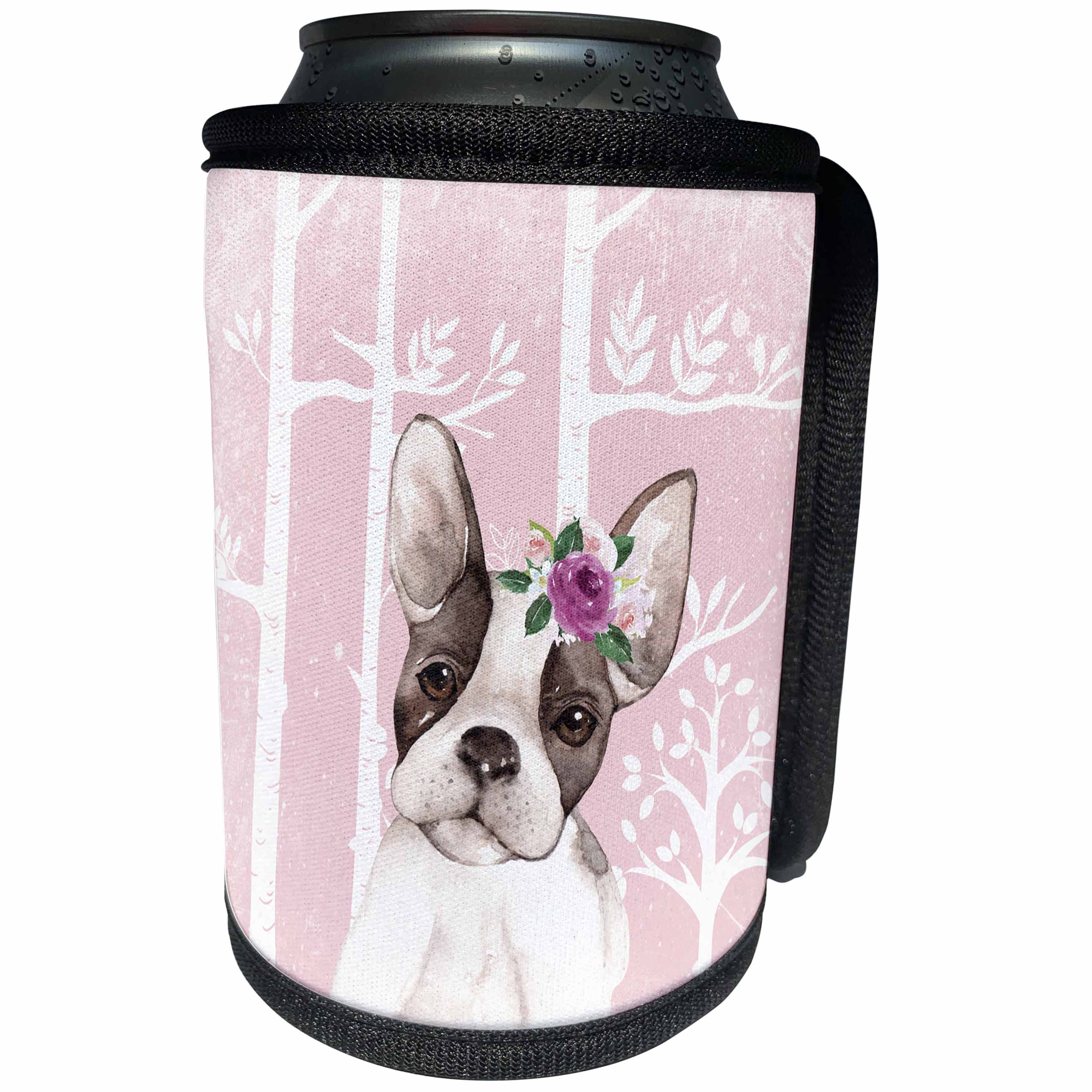 3dRose Uta Naumann Watercolor Illustration Animal - Lovely Animal Dog Pug with Flowers Illustration in Pink Forest - Can Cooler Bottle Wrap (cc_269204)