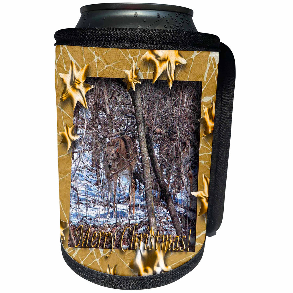 3dRose Beverly Turner Christmas Design and Photography - Curious Deer Gold Star Design Merry Christmas - Can Cooler Bottle Wrap (cc_26921)