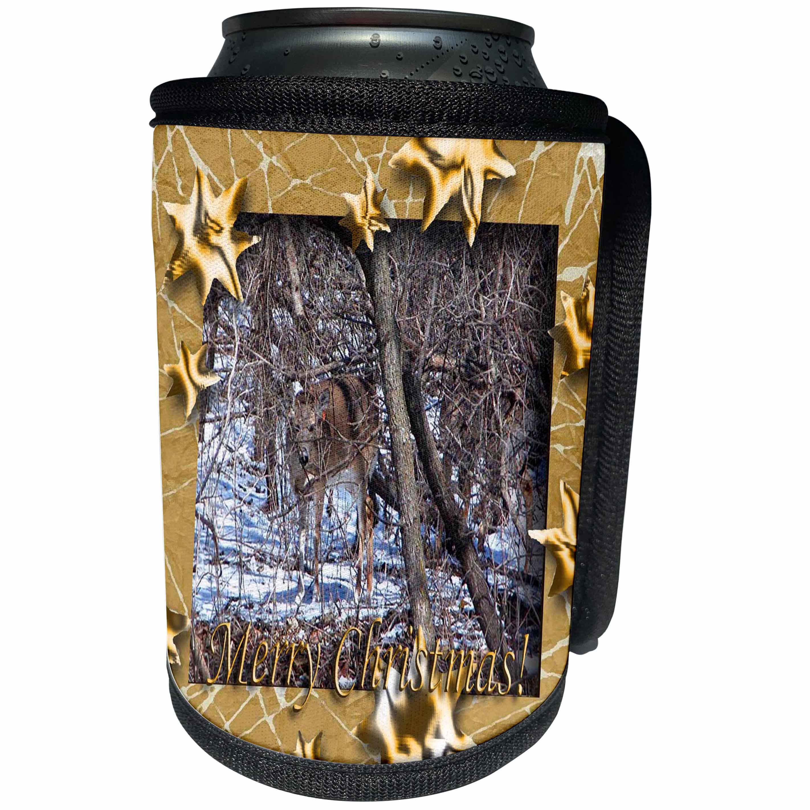 3dRose Beverly Turner Christmas Design and Photography - Curious Deer Gold Star Design Merry Christmas - Can Cooler Bottle Wrap (cc_26921)