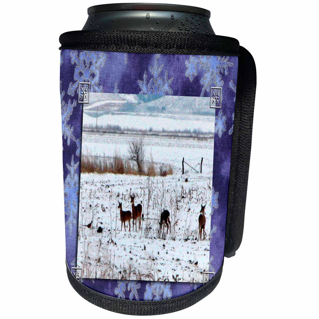3dRose Beverly Turner Christmas Design and Photography - Deer Family and Pheasants Playing in the Snow - Can Cooler Bottle Wrap (cc_26923)