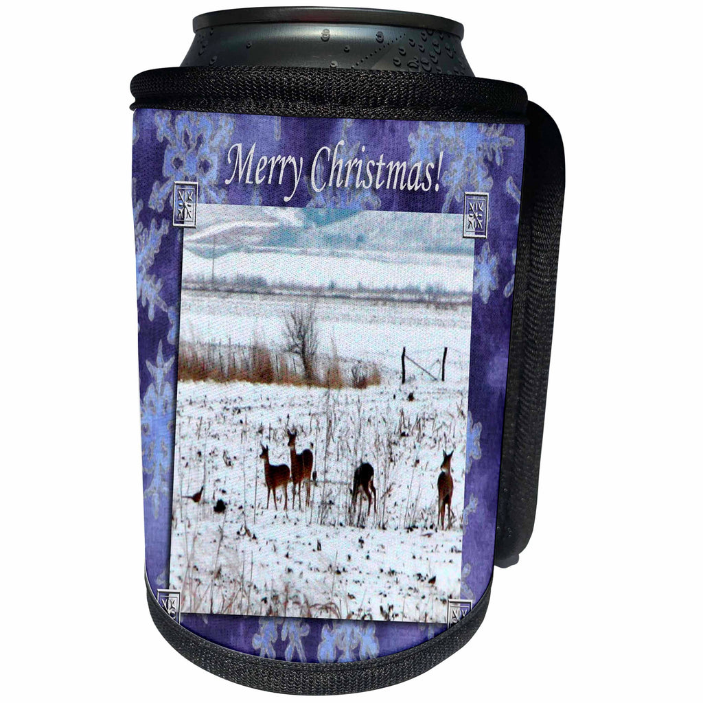 3dRose Beverly Turner Christmas Design and Photography - Deer Family and Pheasants Playing in the Snow Merry Christmas - Can Cooler Bottle Wrap (cc_26925)