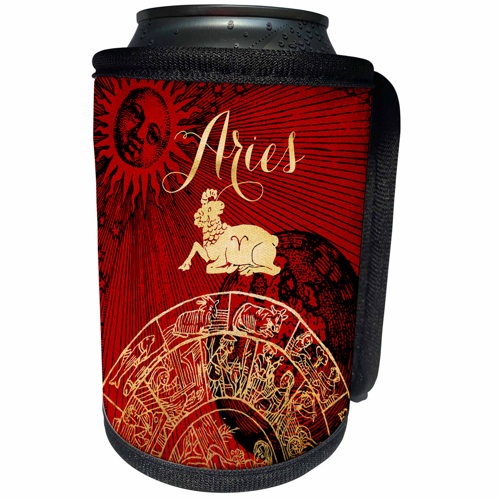 3dRose TDSwhite – Zodiac - Aries Symbol Astrology Wheel Zodiac Sign Horoscope - Can Cooler Bottle Wrap (cc_269251)
