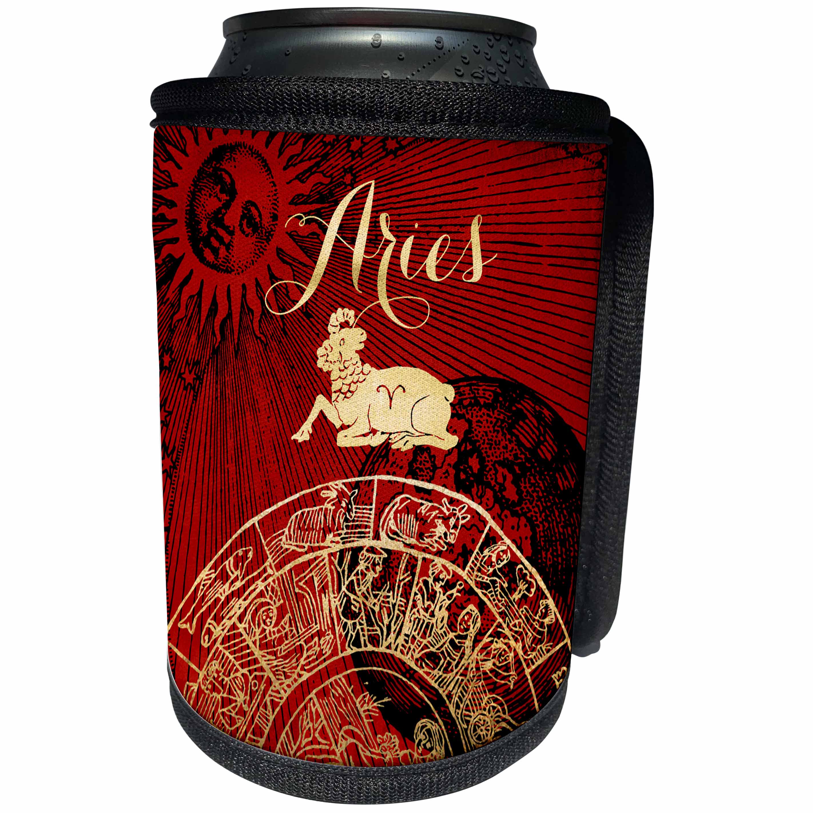 3dRose TDSwhite – Zodiac - Aries Symbol Astrology Wheel Zodiac Sign Horoscope - Can Cooler Bottle Wrap (cc_269251)