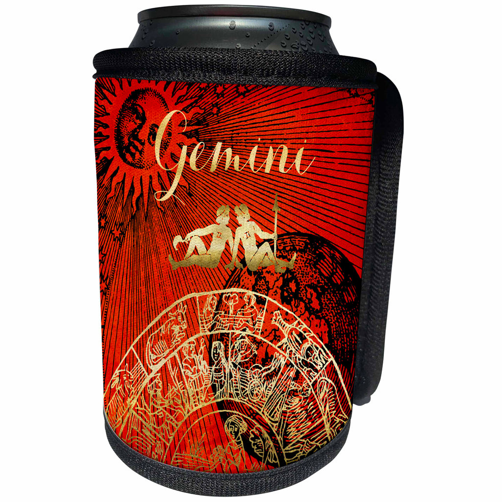 3dRose TDSwhite – Zodiac - Gemini Symbol Astrology Wheel Zodiac Sign Horoscope - Can Cooler Bottle Wrap (cc_269257)