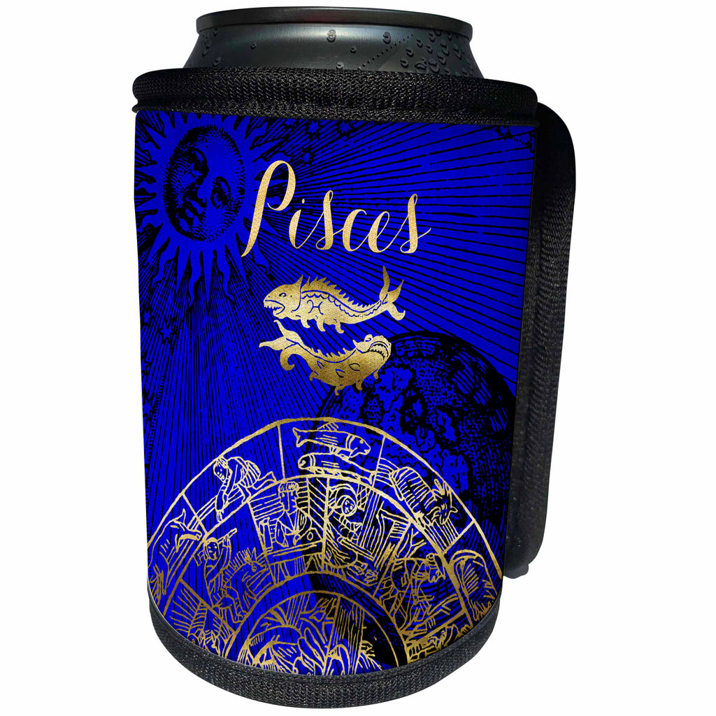 3dRose TDSwhite – Zodiac - Pisces Symbol Astrology Wheel Zodiac Sign Horoscope - Can Cooler Bottle Wrap (cc_269263)