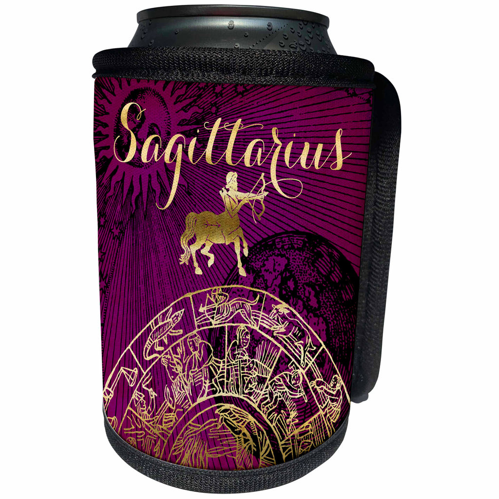 3dRose TDSwhite – Zodiac - Sagittarius Symbol Astrology Wheel Zodiac Sign Horoscope - Can Cooler Bottle Wrap (cc_269265)