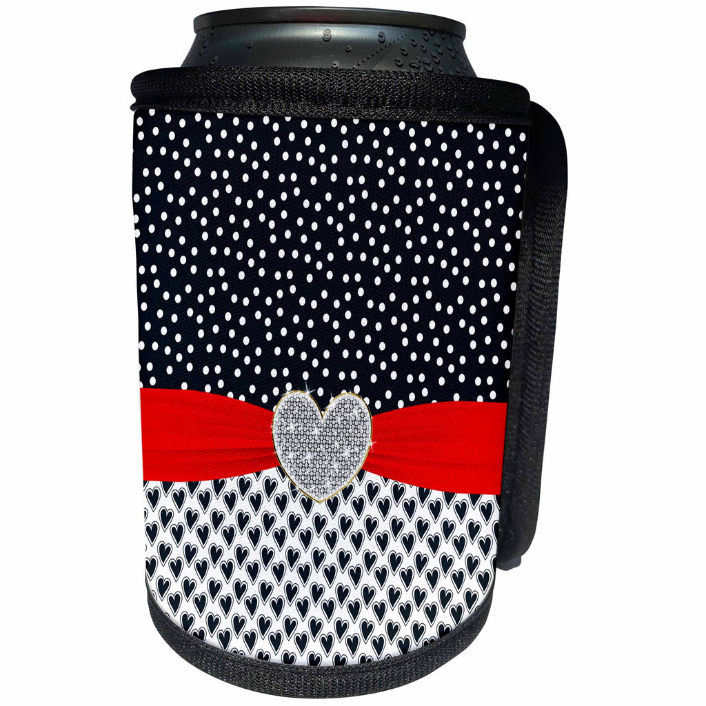 3dRose Anne Marie Baugh - Hearts and Valentines - Cute Black and White Hearts and Confetti Red Ribbon Digital Diamond - Can Cooler Bottle Wrap (cc_269275)
