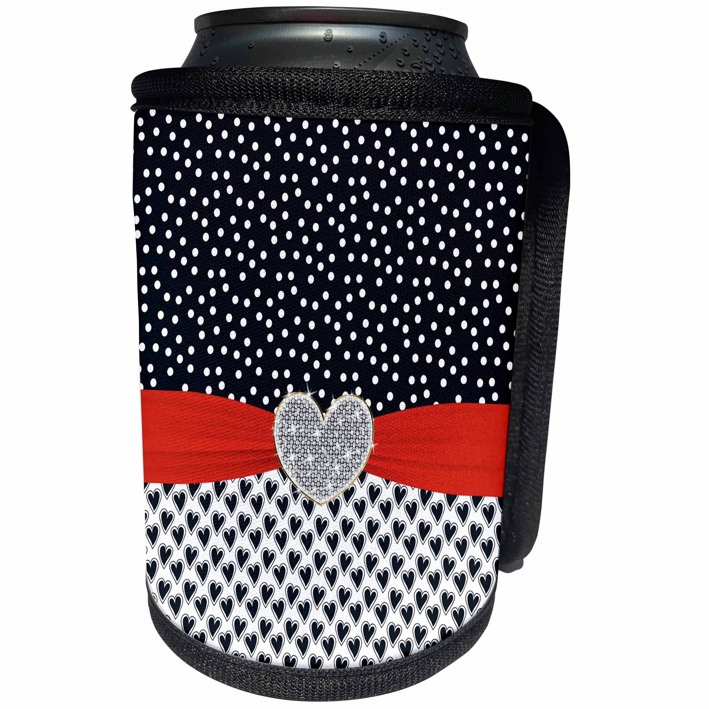 3dRose Anne Marie Baugh - Hearts and Valentines - Cute Black and White Hearts and Confetti Red Ribbon Digital Diamond - Can Cooler Bottle Wrap (cc_269275)