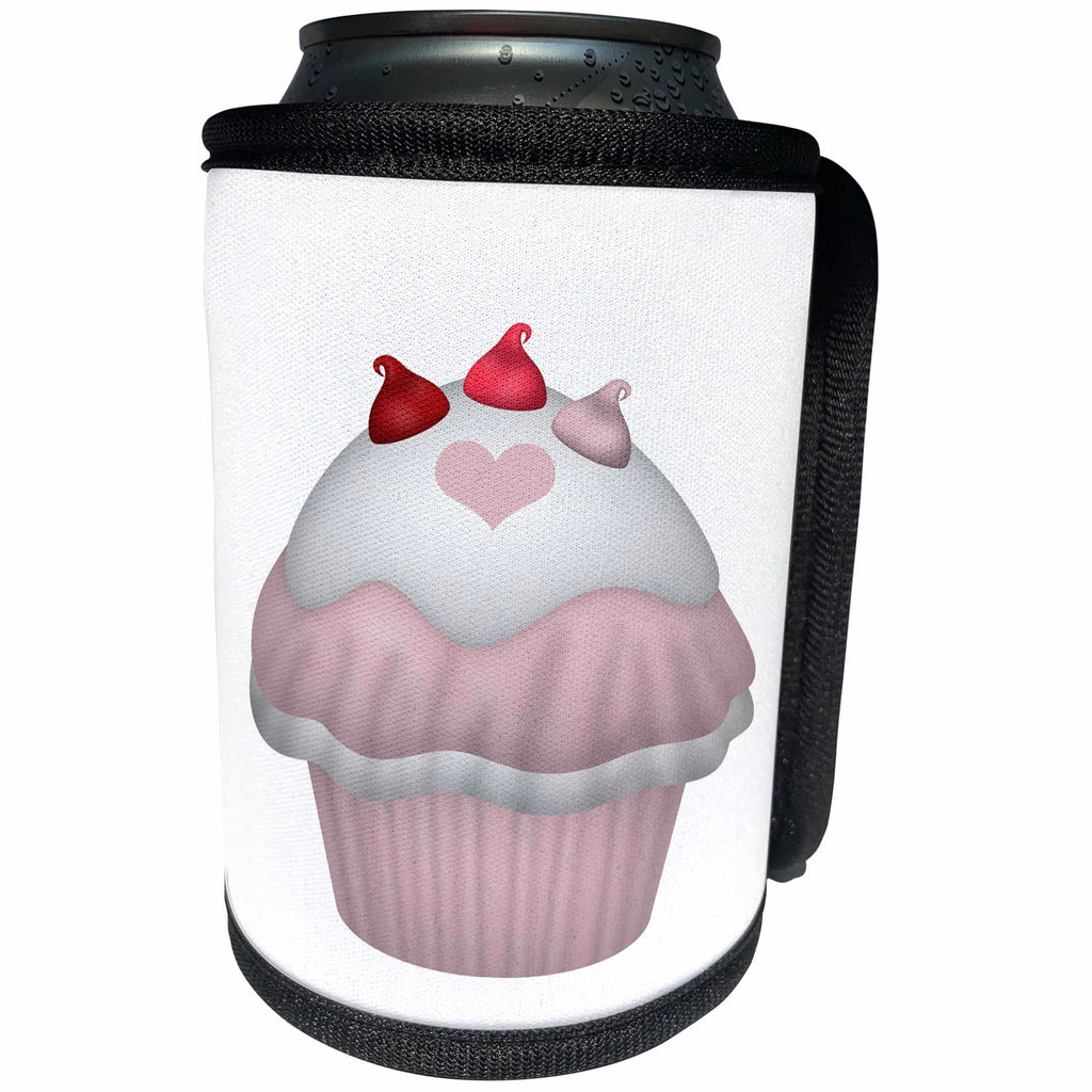 3dRose Anne Marie Baugh - Hearts and Valentines - Cute Pink and White Heart Cupcake Illustration - Can Cooler Bottle Wrap (cc_269278)